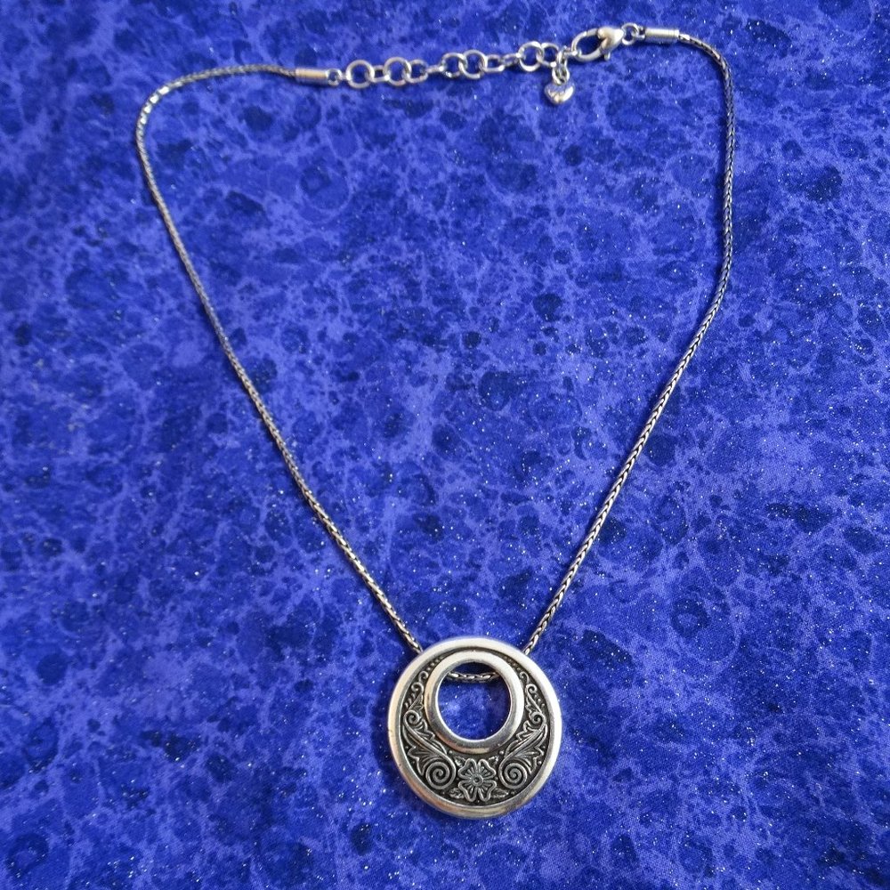 Brighton Silver Tone Round Floral Etched Design Pendant Necklace 16" to 18"